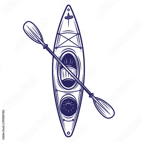 top view of a kayak boat with a paddle on it for water sports and outdoor adventures