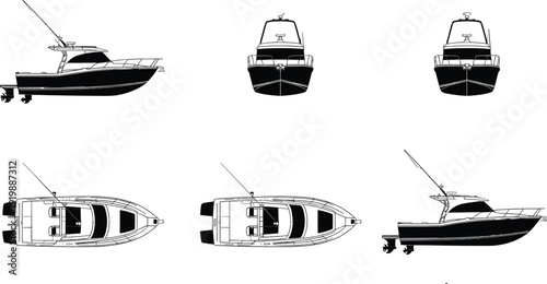 PrintBlack motorboat silhouettes collection, fishing boat vector icons, marine vessel designs, nautical transport shapes, watercraft structure variations