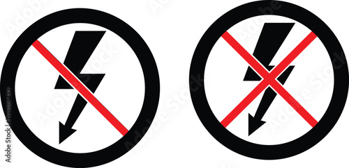 No Lightning Warning Sign Vector, Electrical Hazard Prohibition Symbol with Red Cross and Black Thunderbolt Safety Icon