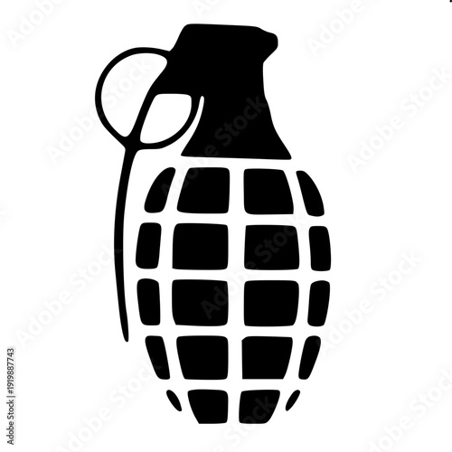 Black silhouette hand grenade icon, segmented round body, safety pin and lever visible, vector illustration, white background