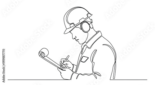 Continuous line drawing of a construction worker with hard hat and headphones
