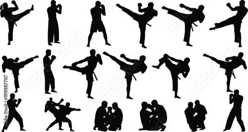 Martial Arts Fighter Silhouettes Set Featuring Karate Taekwondo And Kickboxing Athletes Performing High Kicks Sparring And Combat Poses For Sports Design