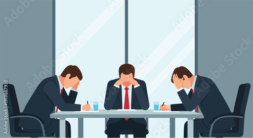 Businessmen in suits experiencing stress and failure during a difficult meeting around a boardroom table