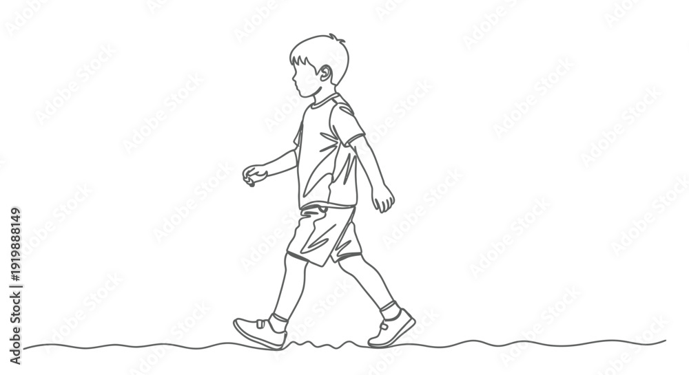 Fototapeta premium Boy walking forward, drawn in a simple single line style, childhood innocence