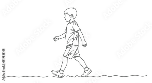 Boy walking forward, drawn in a simple single line style, childhood innocence