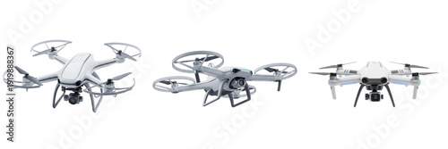 Title: Set of Modern White Camera Drones with Propeller Guards and High-Tech Design isolated on Transparent Background
