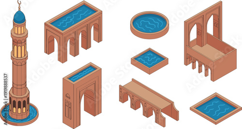 Isometric Islamic architecture collection, mosque minaret with fountain, ornate arches and courtyard water pools 3D illustration set