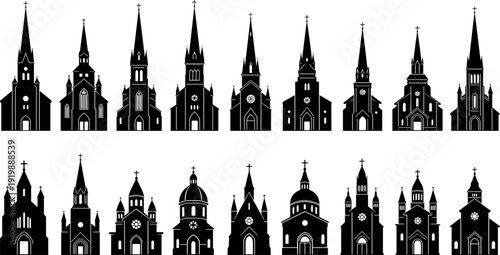 Set of isolated black silhouette vector icons depicting various traditional Christian churches, cathedrals, and chapels with steeples and cross details.