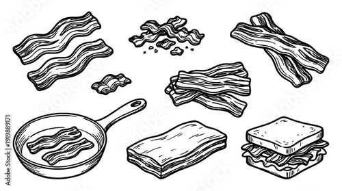bacon, bold style black Hand drawn set collection , white background , vector isolate