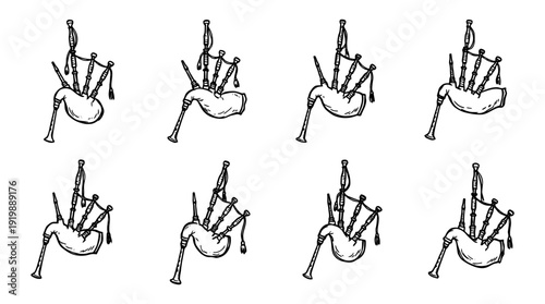 bagpipes, bold style black Hand drawn set collection , white background , vector isolate
