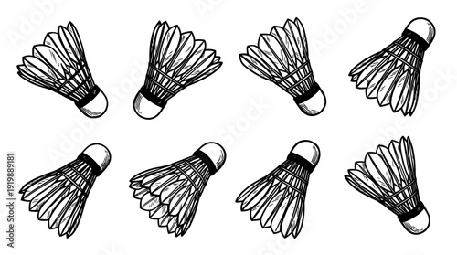 badminton shuttlecock, bold style black Hand drawn set collection , white background , vector isolate