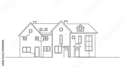 Outline Drawing of Row of Terraced Houses with Windows