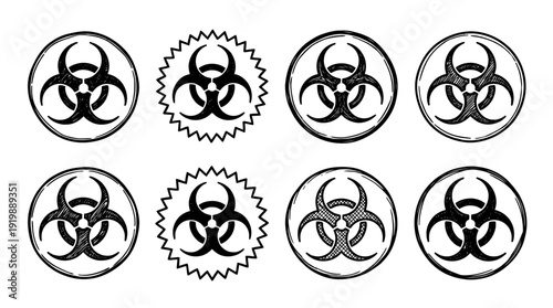 biohazard symbol, bold style black Hand drawn set collection , white background , vector isolate