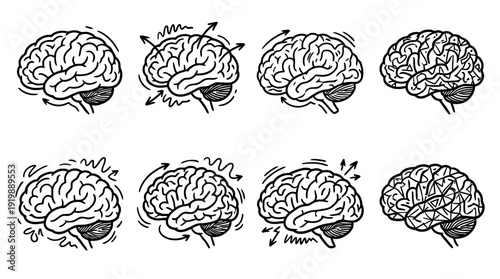 brain, bold style black Hand drawn set collection , white background , vector isolate