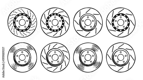 brake disc, bold style black Hand drawn set collection , white background , vector isolate