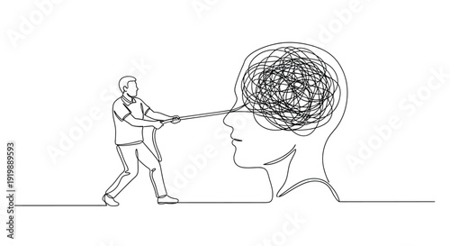 Man untangling messy thoughts in his head with rope