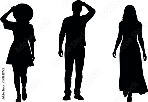Set of three vector black silhouettes featuring standing casual young man and two stylish women isolated on white background illustration