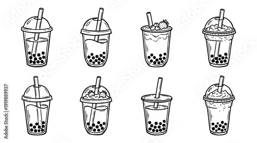 bubble tea, bold style black Hand drawn set collection , white background , vector isolate