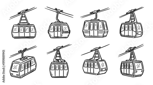 cable car, bold style black Hand drawn set collection , white background , vector isolate