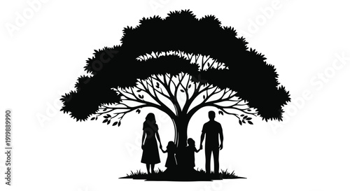 Silhouetted family holding hands under a large, leafy tree, representing unity and growth.