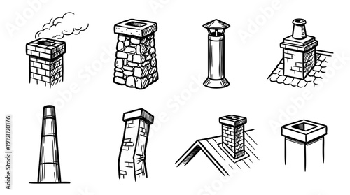 chimney, bold style black Hand drawn set collection , white background , vector isolate