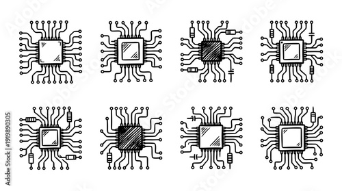 circuit board, bold style black Hand drawn set collection , white background , vector isolate