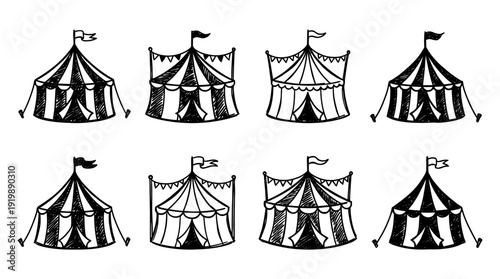 circus tent, bold style black Hand drawn set collection , white background , vector isolate