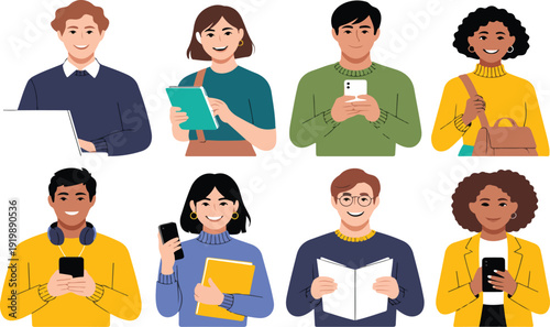 Diverse Young People Avatars Using Technology and Study Materials – Flat Cartoon Vector Set