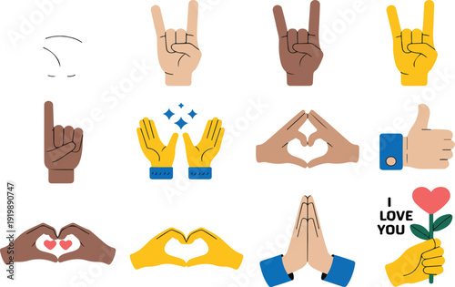 15 Hand Gesture Emoji Icon Set – Diverse Flat Hand Symbols with Varied Skin Tones