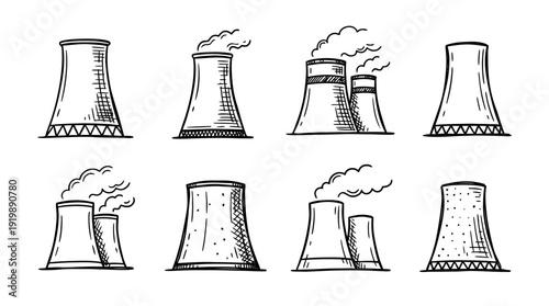cooling tower, bold style black Hand drawn set collection , white background , vector isolate