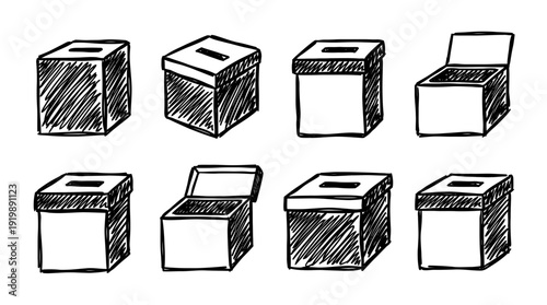 donation box, bold style black Hand drawn set collection , white background , vector isolate