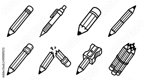 drawing pencil, bold style black Hand drawn set collection , white background , vector isolate