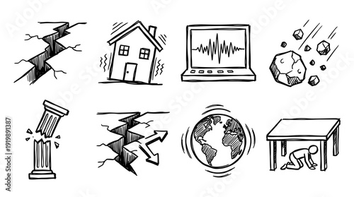 earthquake, bold style black Hand drawn set collection , white background , vector isolate
