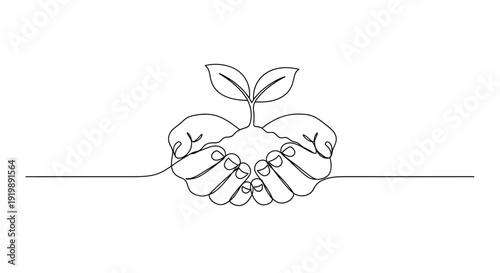 Single continuous line drawing of hands holding a growing plant, nature care.