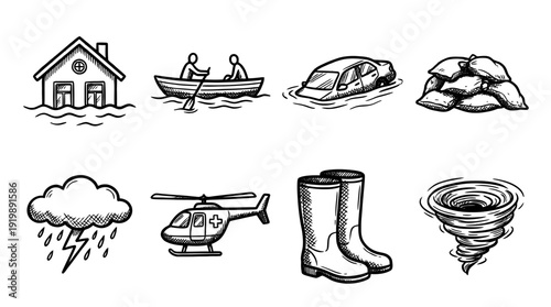 flood, bold style black Hand drawn set collection , white background , vector isolate