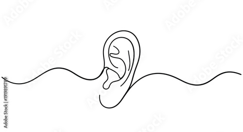 Continuous Line Drawing of an Ear with Wavy Sound Lines, Hearing Concept