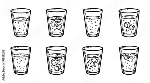 glass of water, bold style black Hand drawn set collection , white background , vector isolate