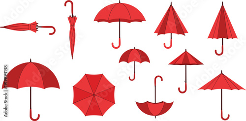 Professional vector illustration set of various red umbrellas in open, closed, and folded positions for weather and safety branding