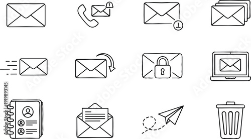 Email and message icon collection featuring envelope symbols with notification, lock, paper plane, trash bin, and contact book in minimalist outline style.