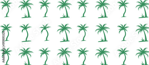 Green palm tree silhouettes set isolated on white background, tropical summer nature collection, minimalist vector illustration for travel, beach, and landscape design projects
