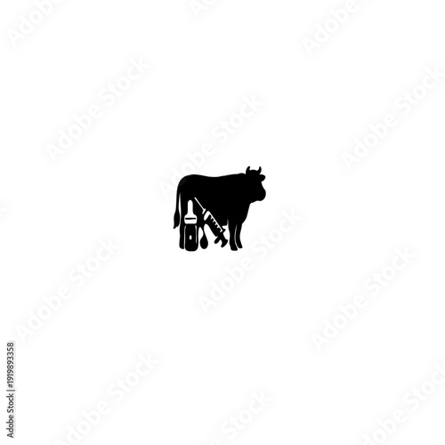 Cow silhouette with medical syringe and medicine bottle icon, veterinary care and livestock vaccination concept.