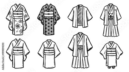 kimono, bold style black Hand drawn set collection , white background , vector isolate
