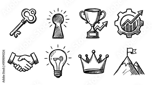 key success, bold style black Hand drawn set collection , white background , vector isolate
