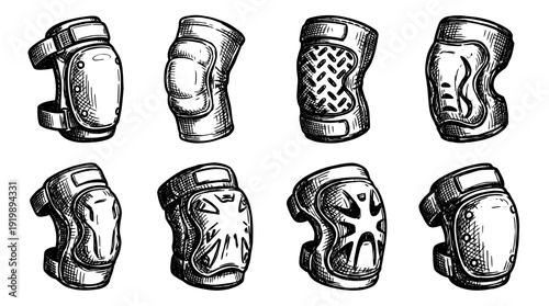knee pad, bold style black Hand drawn set collection , white background , vector isolate