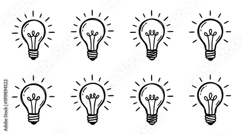 light bulb idea, bold style black Hand drawn set collection , white background , vector isolate