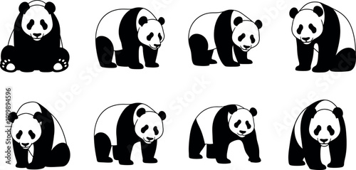 Collection of various panda bear poses and expressions in black and white