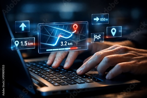 Tracking logistics routes and optimizing transportation planning operations, a hand typing on laptop keyboard with map floating icon and distance markers displayed above the screen.