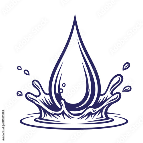 Large single blue water drop falling into puddle with splashes and ripples on white background  clean graphic element
