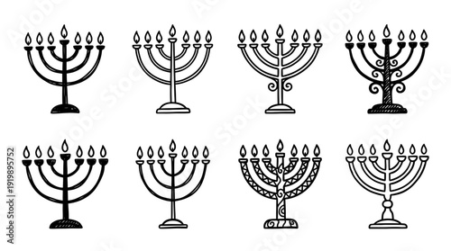menorah, bold style black Hand drawn set collection , white background , vector isolate