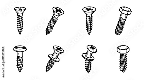 metal screw, bold style black Hand drawn set collection , white background , vector isolate